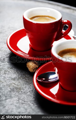 Coffee Espresso. Red Cups Of Coffee on dark background