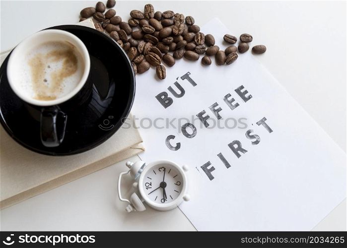 coffee first quote with clock