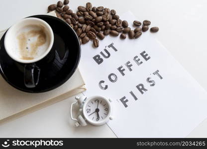 coffee first quote with clock