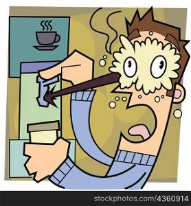 Coffee from a vending machine squirting on a man&acute;s face