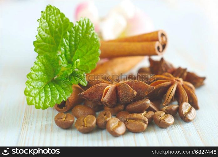 Coffee grains with anise star, fresh green mint leaves and cinnamon sticks on vintage wooden table food ingredients background