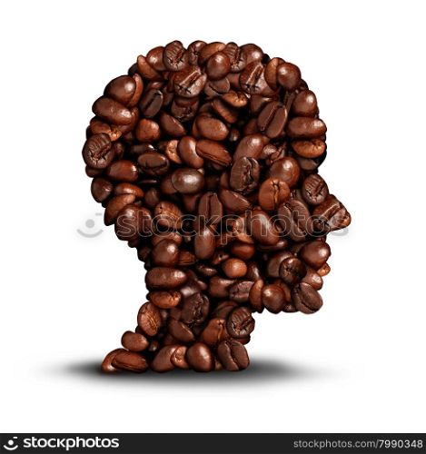 Coffee head concept as a symbol for a barista or a cafe icon person as a group of roasted beans shaped as a human head on a white background.
