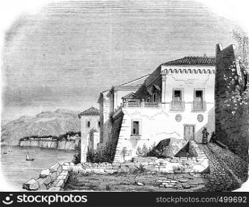 Coffee House in Sorrento, vintage engraved illustration. Magasin Pittoresque 1842.