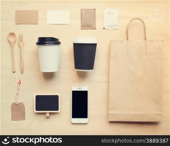 Coffee identity branding mockup set from top view with retro filter effect