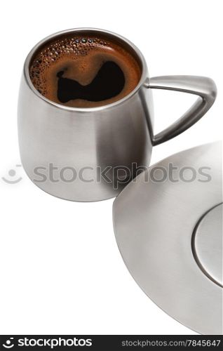 Coffee in a metal mug on a white background