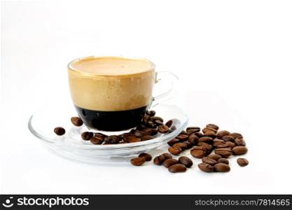 Coffee in a transparent mug on the white background