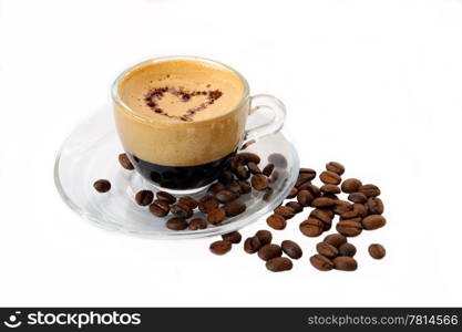 Coffee in a transparent mug on the white background