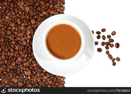 Coffee in a white mug on the white background