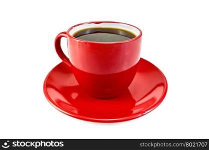Coffee in red cup on the saucer isolated on white background