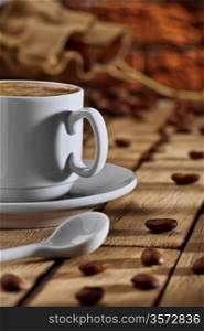 coffee items on wooden table