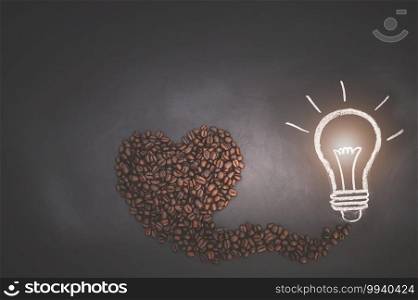 Coffee love concept Light bulbs and coffee beans form a heart shape, symbolizing functional energy.