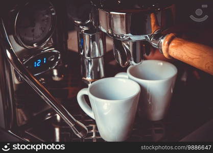 Coffee machine, percolator, close-up view. Bar background.. Coffee machine close-up view