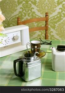 coffee machine retro kitchen tablecloth green wallpaper vintage