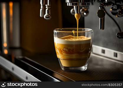 Coffee made in professional espresso machine pouring into a cup. Neural network AI generated art. Coffee made in professional espresso machine pouring into a cup. Neural network AI generated