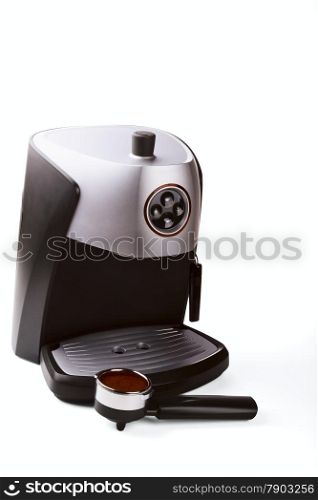 coffee maker and ground coffee isolated on white background