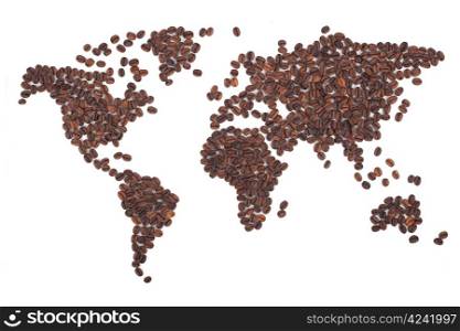 Coffee map made of beans on white background