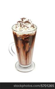 Coffee mocha with whipped cream and chocolate on white