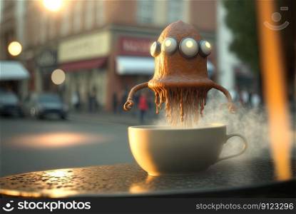 Coffee monster with crazy eyes. Cute character with caffeine energy, very excited. Generated AI