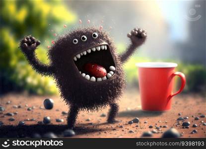 Coffee monster with crazy eyes. Cute character with caffeine energy, very excited. Generated AI
