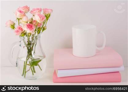 Coffee mug mockup with pink roses. White mug mockup. Mug Product Mockup. Styled mockup. Product mockup. White cup mockup. Cup mockup. Empty Mug. Mockup Blank mug.. Coffee mug mockup with pink roses