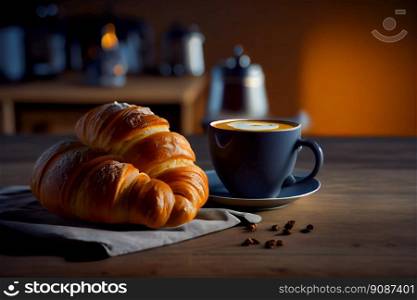 coffee on the table with croissant.  Generative AI
