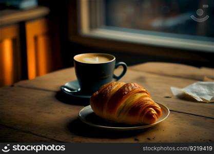 coffee on the table with croissant.  Generative AI 