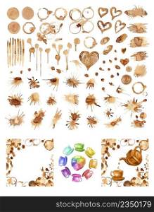 Coffee paint stains, splashes and harts isolated on white background. Coffee cup marks. Hand painted coffee background.. Coffee paint stains, splashes and harts set