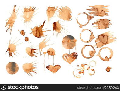 Coffee paint stains, splashes and harts isolated on white background. Coffee cup marks.. Coffee paint set