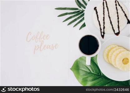 coffee please text with healthy breakfast green leaves white background