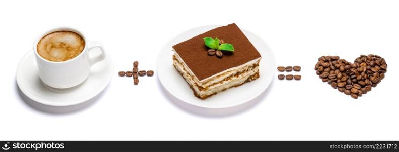 Coffee plus Tiramisu dessert equal Love. Traditional Italian dessert portion, and cup of fresh espresso coffee isolated on white background with clipping path embedded. Coffee plus Tiramisu dessert equal Love. Traditional Italian dessert portion, and cup of fresh espresso coffee isolated on white background with clipping path