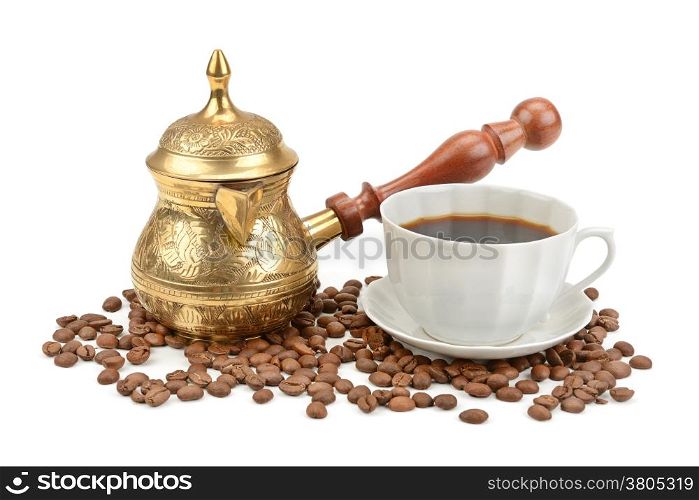 coffee pot and cup of coffee isolated on white background