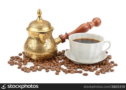 coffee pot and cup of coffee isolated on white background