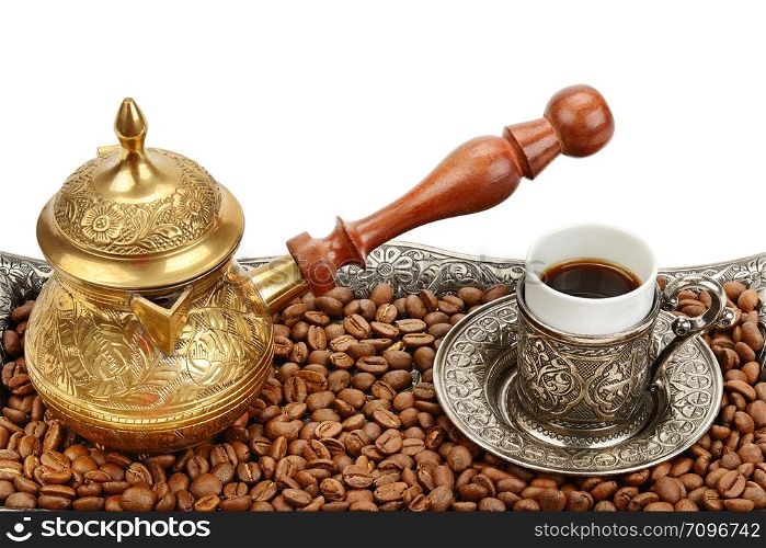 Coffee pot and cup of coffee isolated on white background.