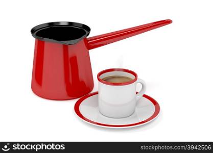 Coffee pot and fresh prepared hot coffee, on white background