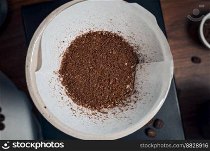 coffee powder in the dripper for make coffee filter on scales.  . coffee powder in the dripper for make coffee 