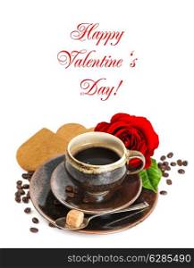 Coffee, red rose flower and heart cake on white background. Festive arrangement with sample text Happy Valentine&rsquo;s Day! Selective focus