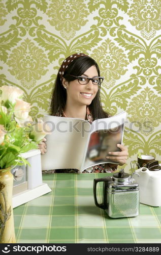 coffee retro woman kitchen coffee with magazine vintage wallpaper