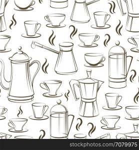 Coffee seamless pattern design. Coffee seamless pattern design. Vector texture with coffee pot cups and smoke