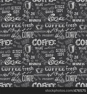 Coffee seamless pattern, hand drawn lettering and sign on black background , vector illustration.. Coffee seamless pattern, hand drawn lettering and sign on black