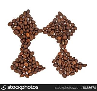 Coffee seeds font, English alphabet of Coffee seeds isolated on white background, Letter N symbol made from Coffee seeds.