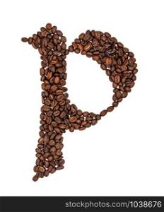 Coffee seeds font, English alphabet of Coffee seeds isolated on white background, Letter P symbol made from Coffee seeds.