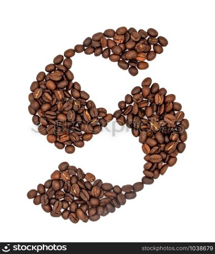Coffee seeds font, English alphabet of Coffee seeds isolated on white background, Letter S symbol made from Coffee seeds.