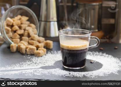 coffee set . cup of black coffee espresso and sugar