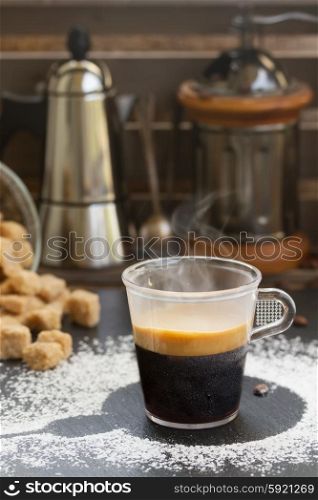 coffee set . cup of black coffee espresso with preparing set