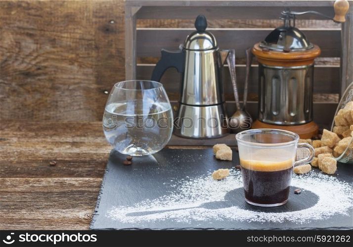 coffee set . cup of black coffee with preparing set