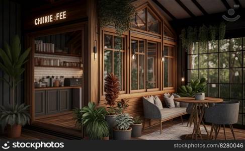 Coffee shop interior decorated with wood and natural plant design