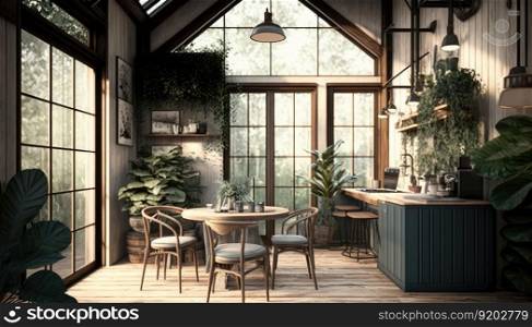 Coffee shop interior decorated with wood and natural plant design