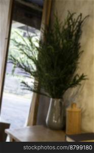 Coffee shop or cafe restaurant wooden interior blur background, stock photo