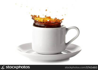 Coffee splash in cup isolated on white background. Coffee splash