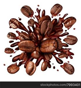 Coffee splash with coffee beans flying out as a dark roast brew with splashing fresh hot brewed liquid as a symbol for a breakfast drink isolated on a white background.